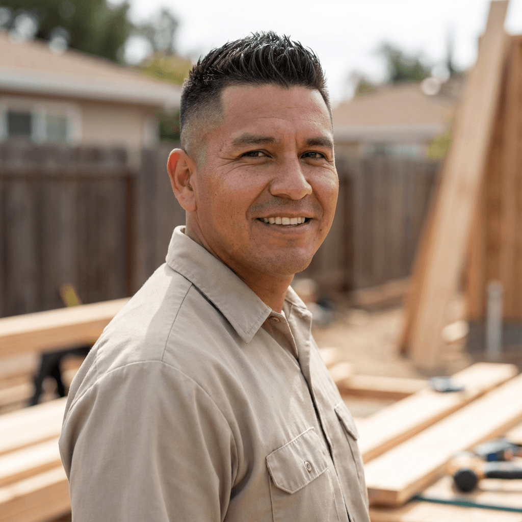 Male farmer in his 40s standing in front of a steel barn