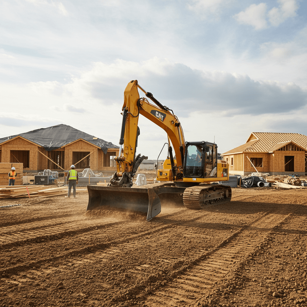 Excavator leveling dirt at a residential construction site in Utah