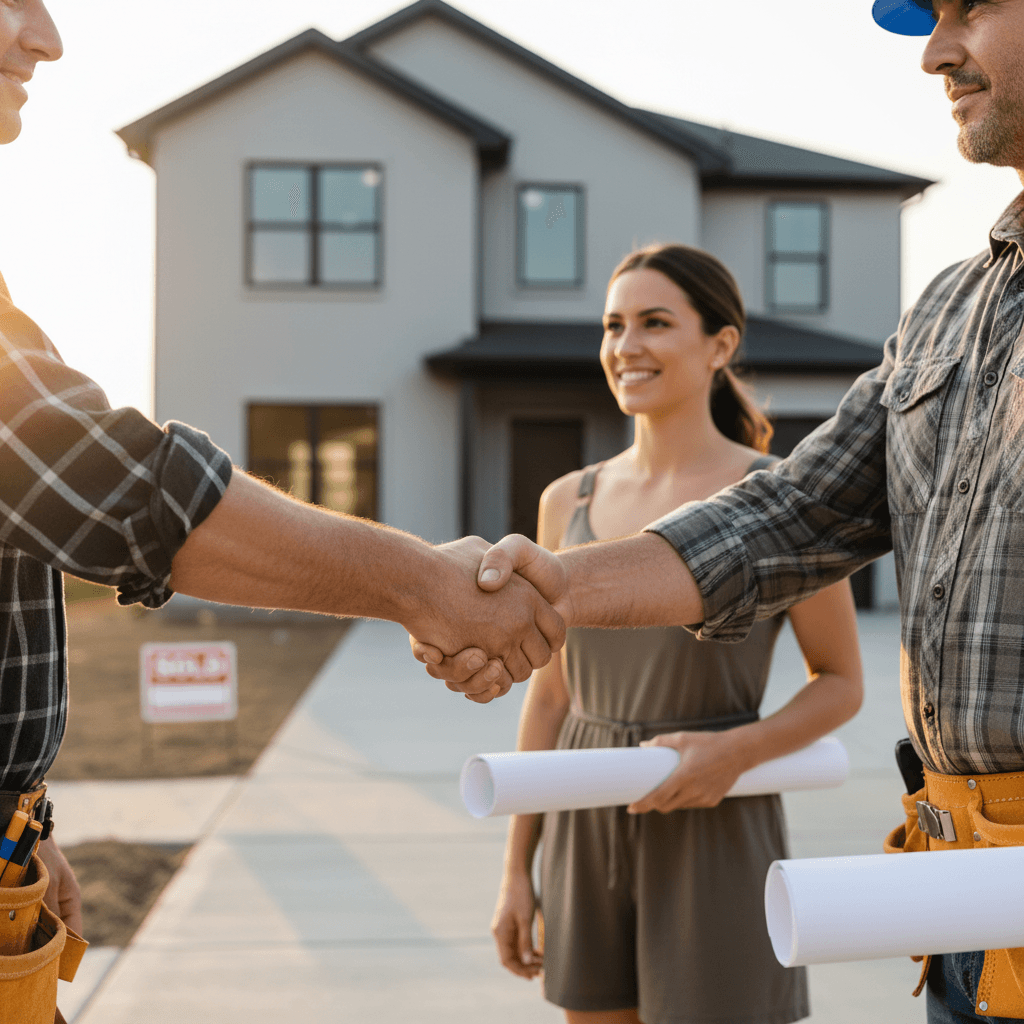 Contractor shaking hands with a homeowner in front of a new house