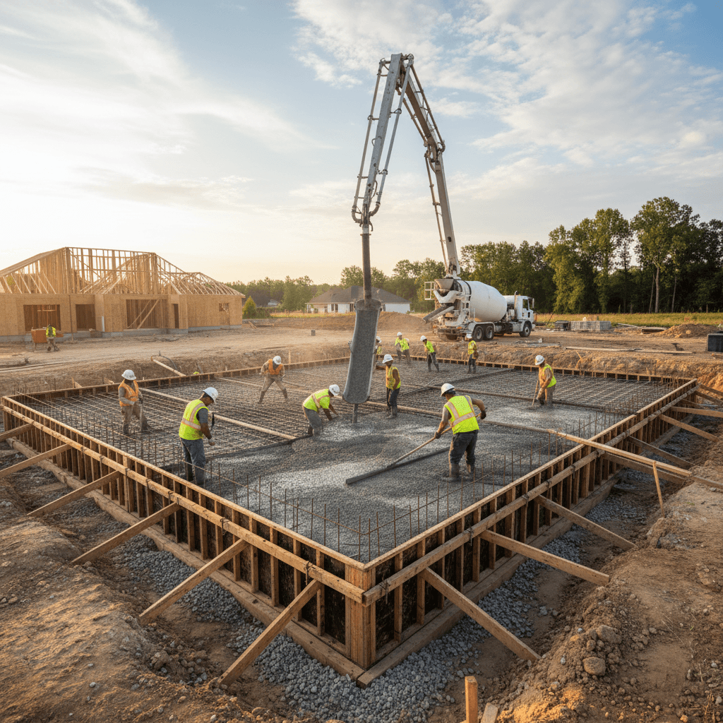 Concrete foundation pour with the crew setting forms