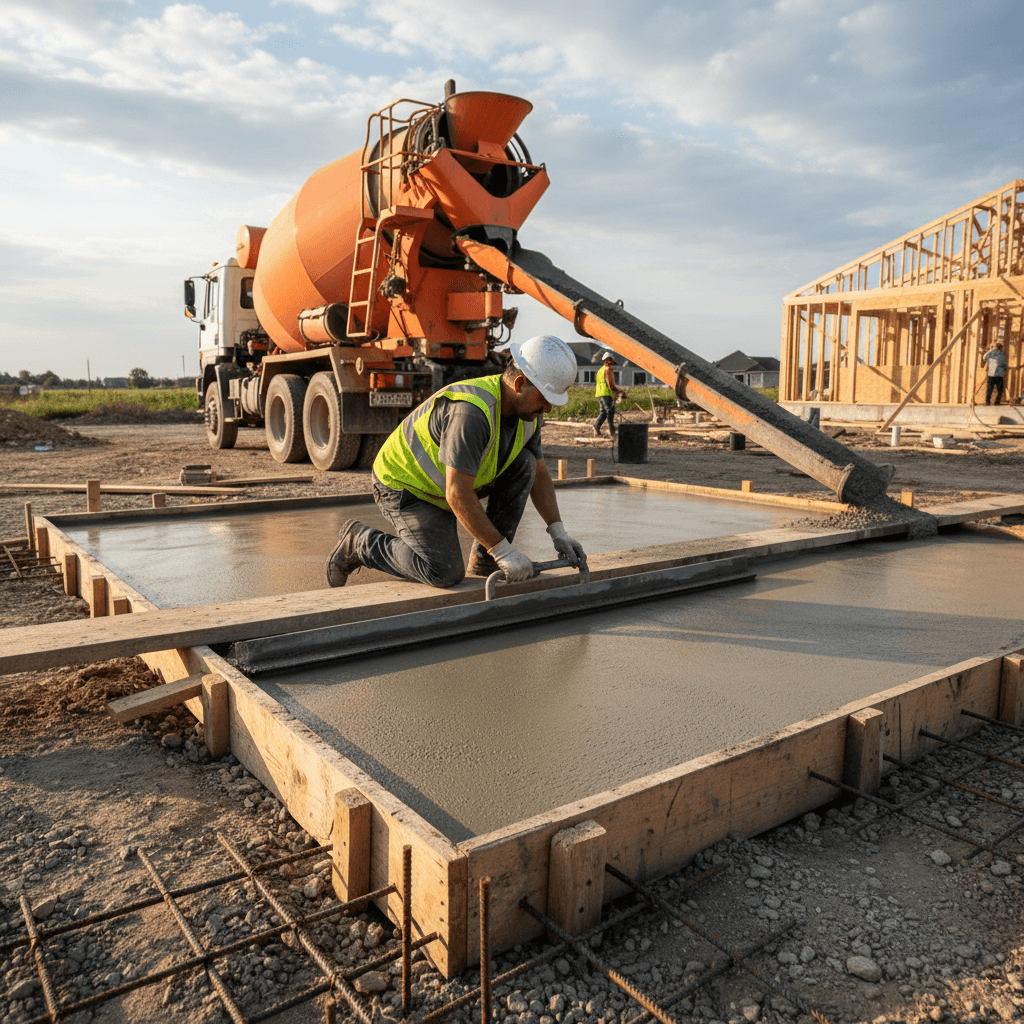 Worker finishing a concrete foundation with a trowel