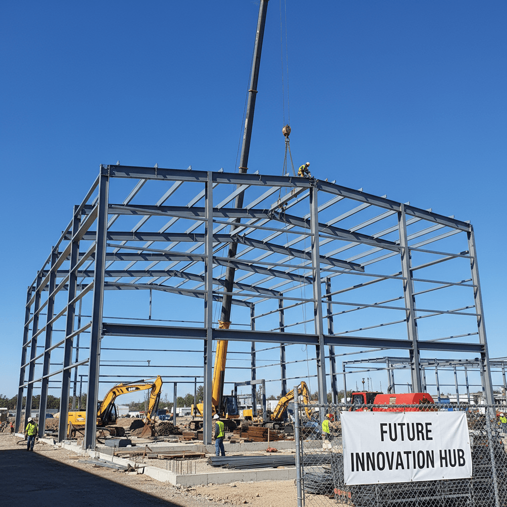 Steel building frame going up on a ranch in Central Utah