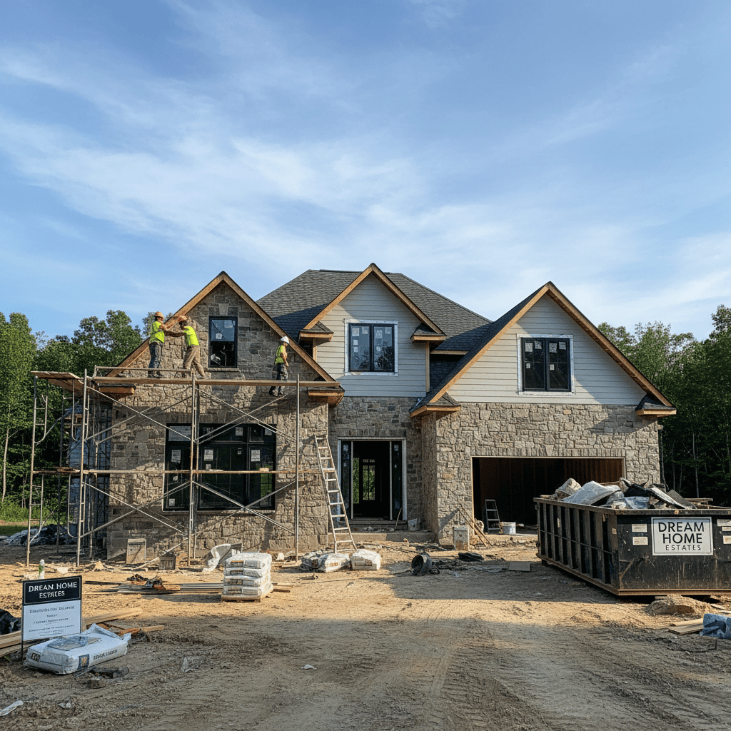 Custom home frame with stone and siding work underway