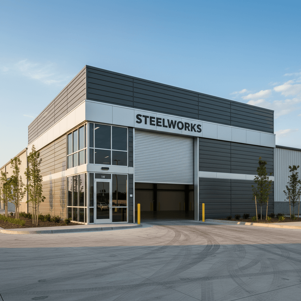 Finished steel shop with concrete floor and overhead doors