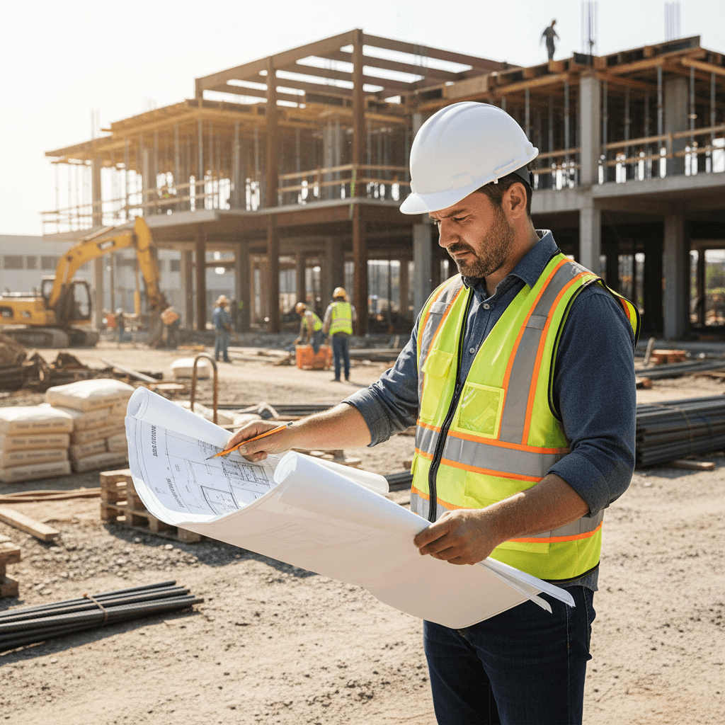 Contractor reviewing blueprints on a construction job site