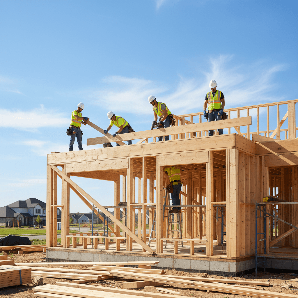 Construction crew working on residential framing