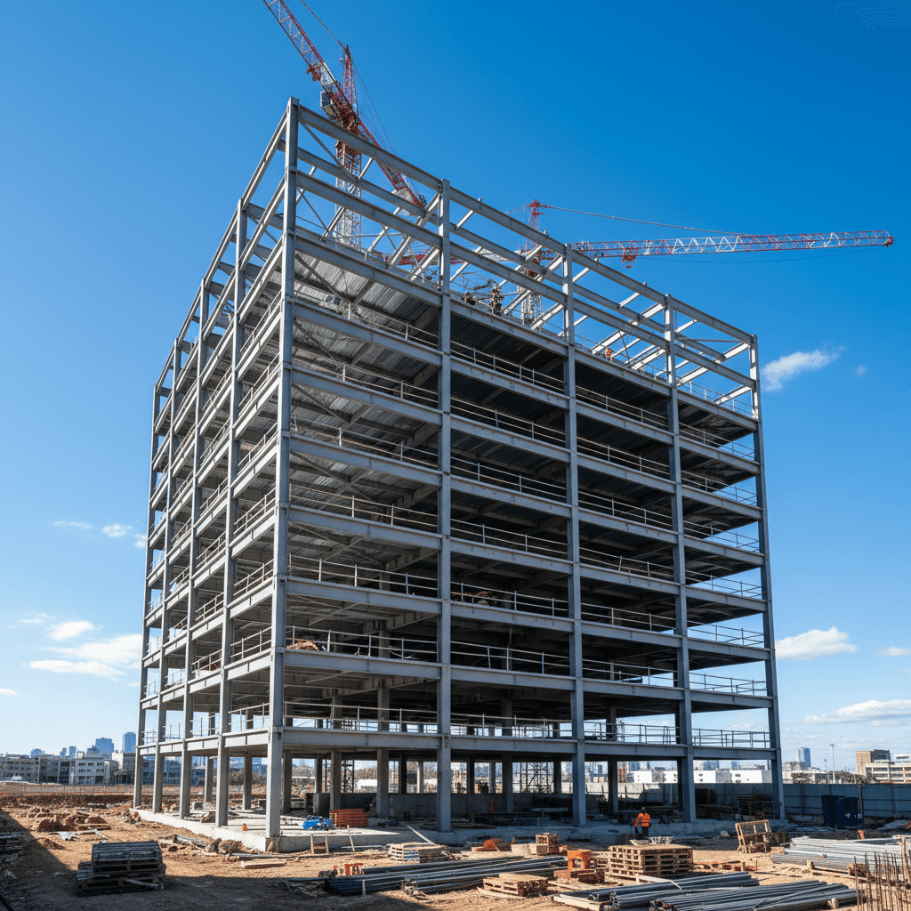 Large steel frame building under construction
