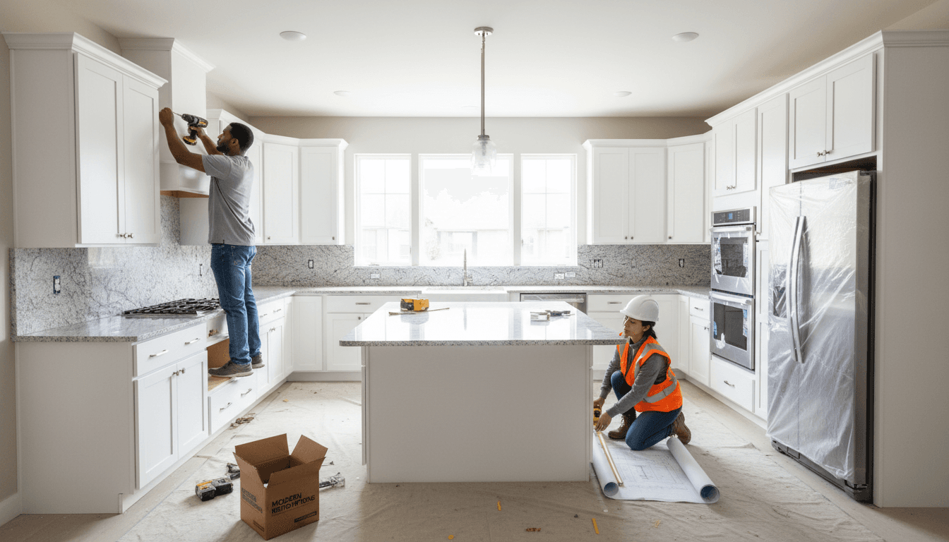 Contractor discussing kitchen remodel with homeowner inside a house
