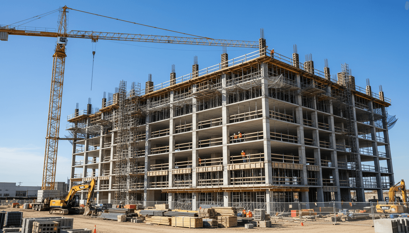 Steel building frame under construction