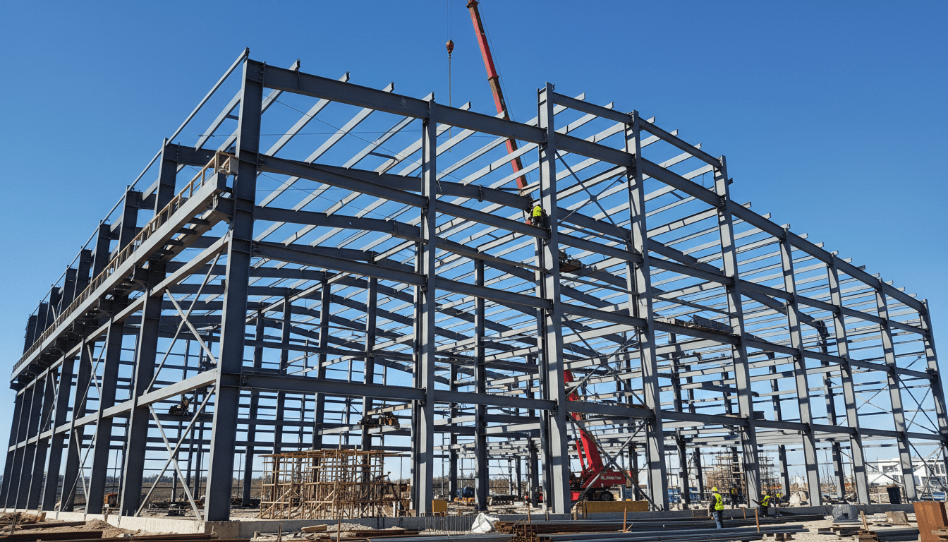 Steel building frame against a blue sky on a construction site