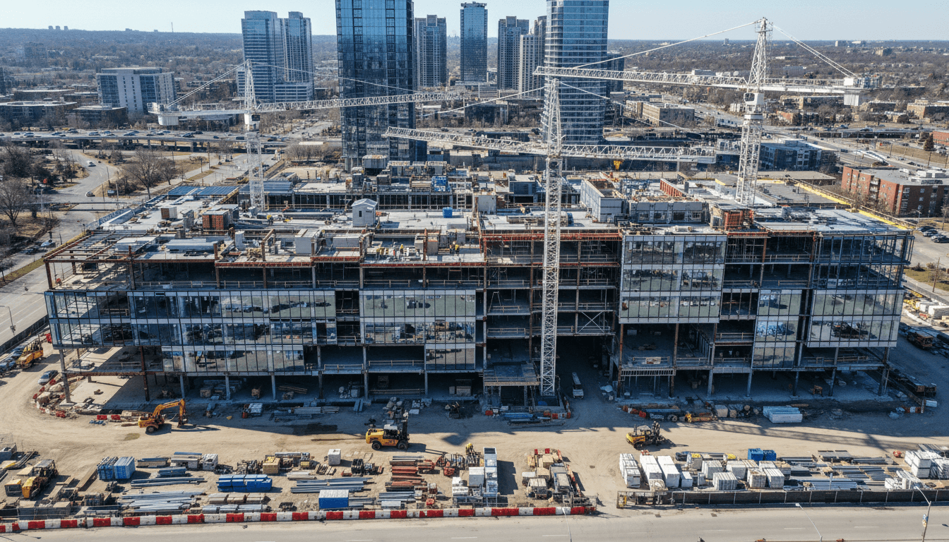 Commercial building under construction with workers and crane