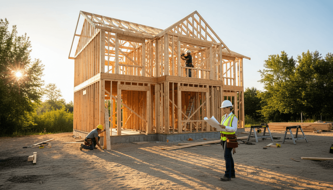 Construction workers framing a custom home under clear blue sky