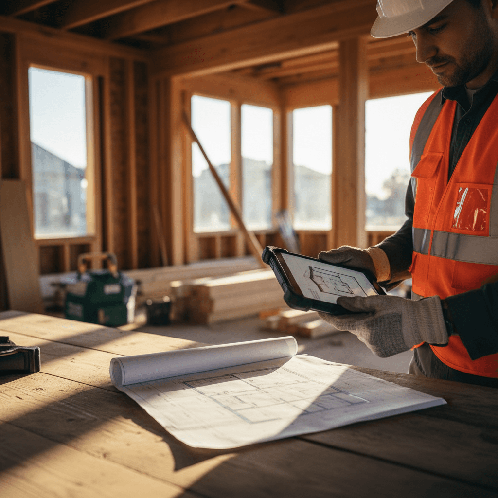 Contractor reviewing blueprints at a construction site