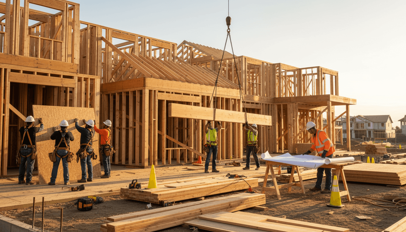 Steel shop building during construction with crew