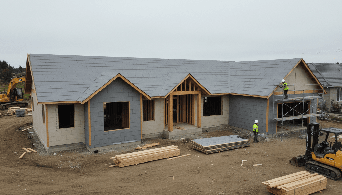 Steel frame agricultural building under construction in an open field