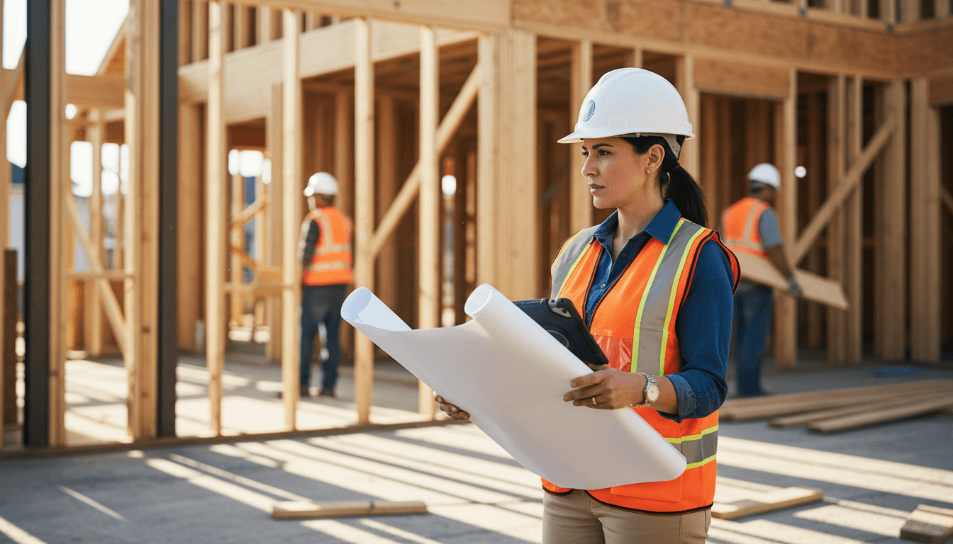 Contractor reviewing blueprints on a construction site
